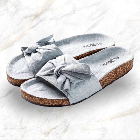 Roxoni Shoes - Roxoni | Blue Suede Ribbon Bow Top Flat Slides with Arch Support Non-Slip